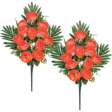 Lot de 2 fleurs artificielles de cimetière - Bouquet de camélia en soie pour tombes et décorations commémoratives - Tiges orange printanières pour décoration de vase de maison - 54,9 cm (1/5)