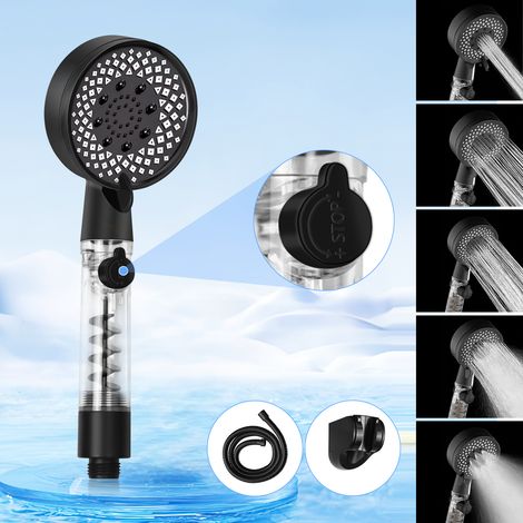 Handbrause Duschkopf GBLY, Schwarz Runde wassersparend Großdruck erhöhend, miit Taste zur Einstellung des Wasserdurchflusses, energieeffiziente Dusche mit 1,5 m Schlauch Brausehalterung Badezimmer