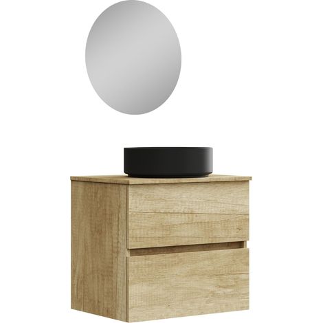 Meuble de Salle de Bain Onyx Black, 2 tiroirs, Suspendu au Mur, avec lavabo en céramique Noir Mat, mélamine 16 mm. Meuble monté. Lavabo Rond/avec Miroir 70 cm Nature (1/5)