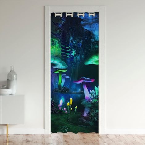 Champignons Rideau de Porte 86x203cm Galaxie Starry Jours Rideau Occultant Rideaux Vert Violette Champignons Trippy Fantasmes Rideaux Exterieur d'entrée Salon Chambre Décor - 86L X 203H cm (1 Panneaux (1/5)
