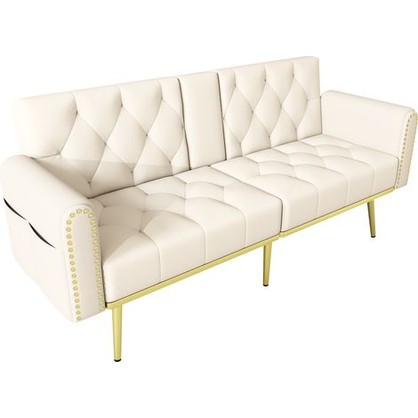 Sofá cama doble convertible de terciopelo beige con 3 posiciones, portavasos y 2 cojines (1/5)