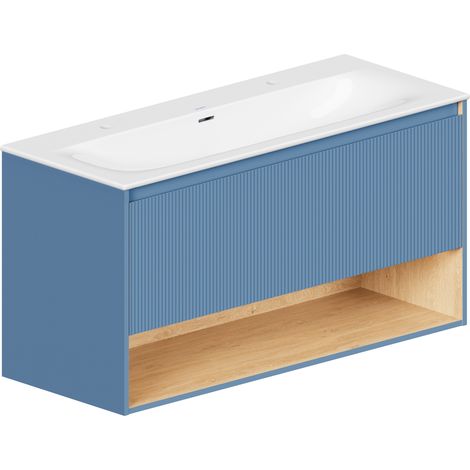 BERNSTEIN - Mobile lavabo sospeso MDF Azzurro opaco, lavabo DURAVIT Bianco lucido + 2 fori rubinetto, troppopieno, piletta - 123x49x62cm - BELDIVO Blu azzurro opaco, Con foro rubinetto 2x (1/5)