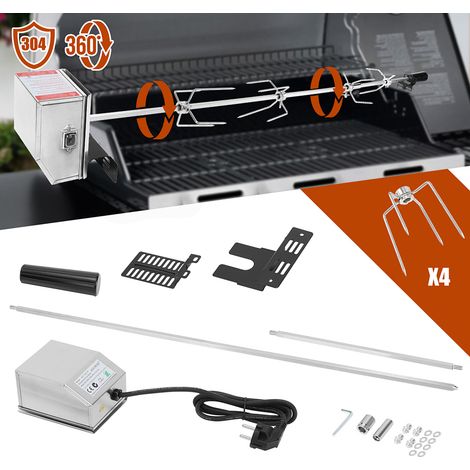 Wolketon Kit asador giratorio eléctrico 117 cm para barbacoa y ahumador, acero inoxidable, 4 tenedores, rotación 2 rpm