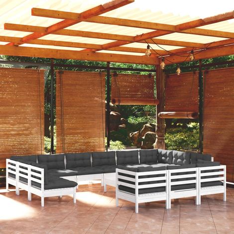 14-tlg. Garten-Lounge-Set mit Kissen Weiß Kiefernholz (1/5)