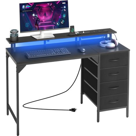 Bureau d'ordinateur 120 cm avec éclairage LED intelligent et prises de courant, table de bureau informatique avec 4 grands tiroirs et support d'écran, table d'étude pour petits espaces, noir (1/5)