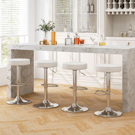 Lot de 2 Tabourets de Bar Sans Dossier en Cuir PU avec Hauteur Réglable Siège Rembourré Pivotant Repose-Pieds et Base Antidérapante Blanc (1/5)