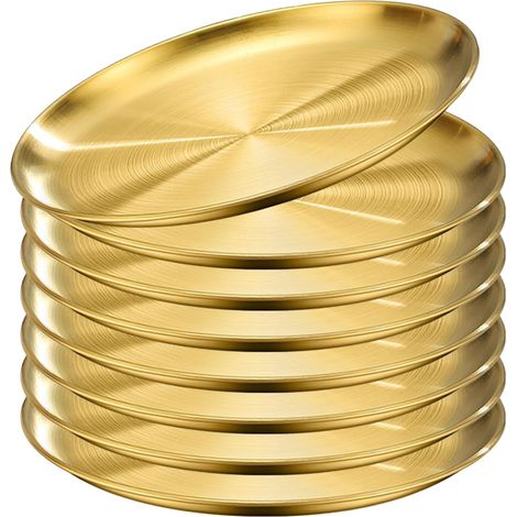 8 Pièces Plateau Rond Doré, Assiette Ronde en Acier Inoxydable 26 cm  Plateau de Service Rond Doré, Plat de Service en Inox, Assiette Dorée, pour Camping Barbecue Pique-Nique Maison Cuisine Fête (1/5)