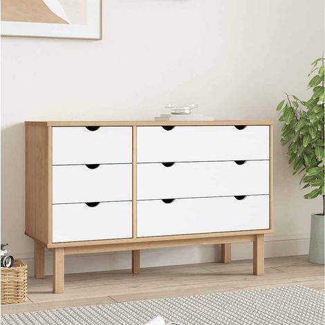Commode 6 tiroirs en bois de pin massif marron et blanc 111 x 43 x 73,5 cm - PANGIVO (1/5)