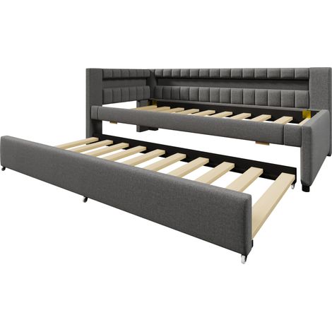 Cama de día convertible 90 x 200 cm en lino gris con cama nido, LED, USB y Type-C, HOMVRA (1/5)