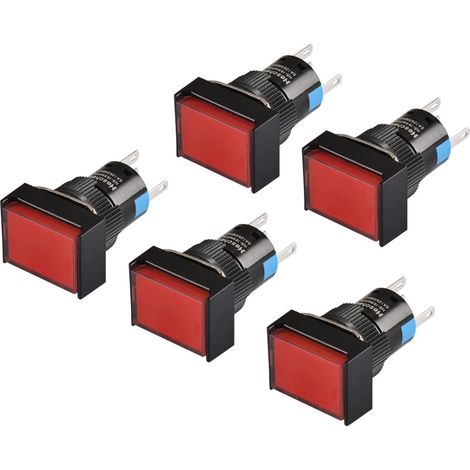 Lot de 5 boutons poussoirs rectangulaires 16 mm 1 NO 1 NC 5 broches 220 V Lampe LED, Red, 5 (1/5)