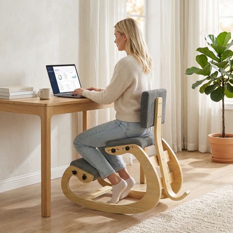 Fauteuil à bascule ergonomique à genoux avec dossier, en lin gris (1/5)
