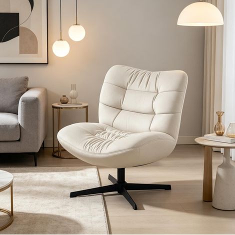 Sillón lounge giratorio de chenilla color crema 70 x 80 x 82 cm OKWISH (1/5)