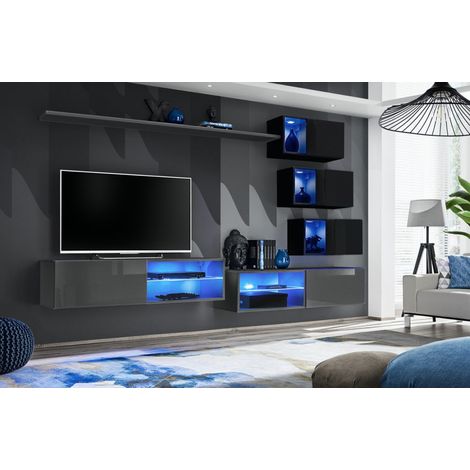 Ensemble meuble TV mural Switch XXIV - L 260 x P 40 x H 170 cm - Gris et noir - Livraison gratuite