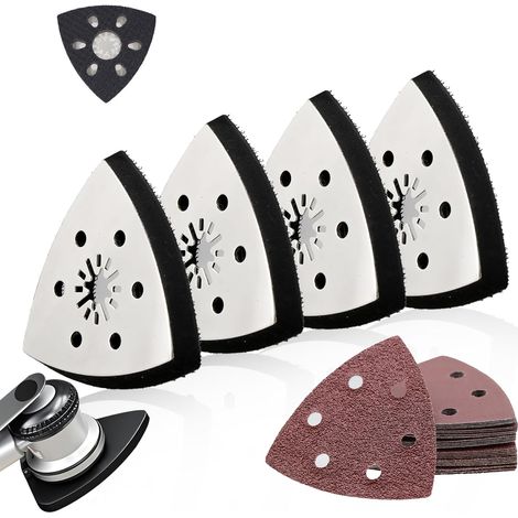 4 Plaques de Ponçage Triangulaires 93 mm + 24 Papier Poncage Accessoires Outil Multifonction Ponçage con Base Metálica y Alta Adhesión para Lijar Madera, Metal, Plástico, Piedra (1/5)
