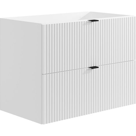 Vente-Unique – Meuble sous vasque suspendu strié 80 cm – MDF blanc mat – 2 tiroirs soft close – Finition rainurée pour salle de bain moderne