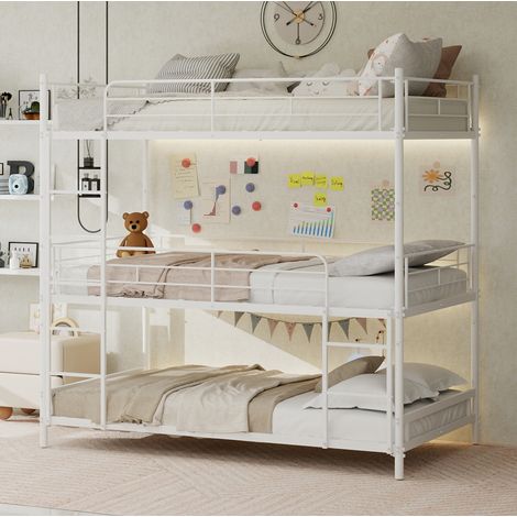 Bett Etagenbett platzsparend Metall Weiß Dreifach OKMYHOME (1/5)