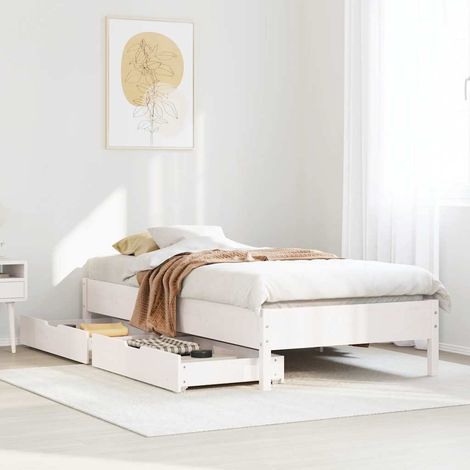 Cadre de lit 90x200 cm en bois de pin massif avec 2 tiroirs, couleur blanc, sommier à lattes (1/4)