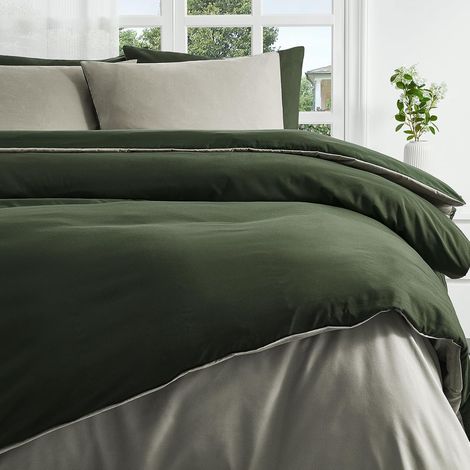 Housse de Couette 155x220 cm, Douce Et Légère, Séchage Rapide, Design Réversible, Fermeture Éclair,Oeko-TEX – Parure de Lit Vert Olive/Lin, 1 Housse de Couette + 1 Taie d’Oreiller 80x80 (1/5)