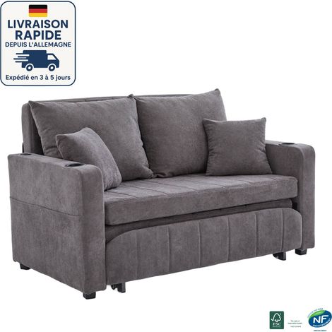 MODFU - Divano letto 2 posti, divano dritto, 4 cuscini, schienale regolabile 90°/180°, porta USB + portabicchieri, soggiorno/camera da letto, grigio