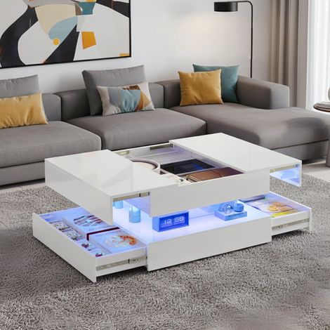 Tavolino 78x78x43 cm con illuminazione ambientale RGB, 2 cassetti, vano portaoggetti nascosto, design laccato moderno - Bianco