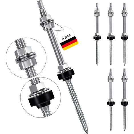 Lot de 6 vis à double filetage M10 x 200 mm Installation PV en acier inoxydable réglable en hauteur Chevilles pour photovoltaïque Fixation solaire sur les toits de bâtiments Matériau : acier (1/5)