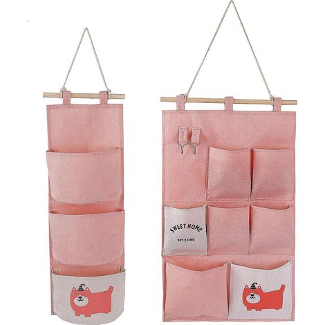 2 Modles De Sac De Rangement Mural En Lin (rose) Avec Petites Poches Pour La Maison Et Le Bureau (1/5)