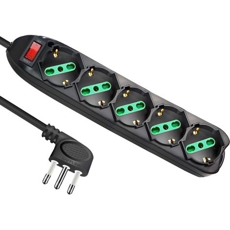 Multipresa Ciabatta Elettrica Con 5 Posti Prese Schuko 10/16A Colore Nero Interruttore Spina 10A Laterale Cavo 1,5M Nero (1/3)