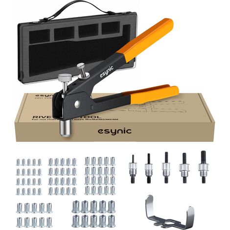 86pcs Pince à Insert Fileté avec Mandrins Interchangeables M3 M4 M5 M6 M8 Écrous 80pcs Pince Écrou à Riveter avec Clé Coffret Outil Riveteuse Écrou pour Auto Meuble Remorque Bateau-Orange (1/5)