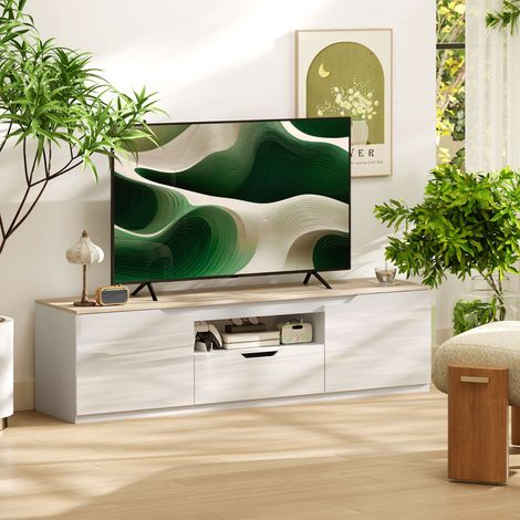 Meuble TV bas, finition laquée brillante, pour téléviseurs jusqu'à 65 pouces, 3 compartiments, tiroir, 160 x 38 x 43 cm, bois naturel (1/5)