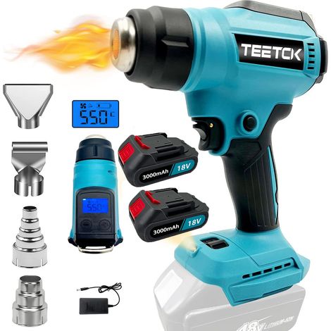 Heat guns,Cordless Handheld Heatting Gun Hot Air Gun，2-Temp Setting, LCD Display ,30 °C-550 °C, 4 Nozzles for Shrink Wrapping, Stripping Paint,+2x3.0A Battery+Charger，Compatible with Makita Battery