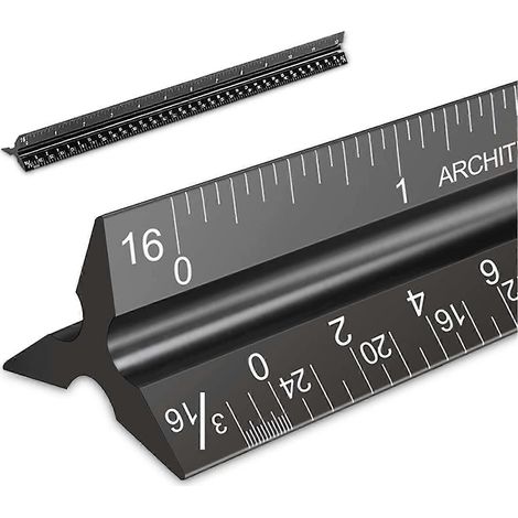 Règle d'architecte à l'échelle, mesures impériales 12'', règle triangulaire en aluminium noir gravée au laser pour architectes, étudiants, dessinateurs et (1/5)