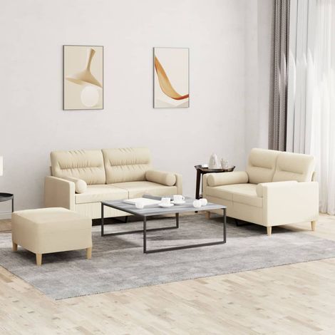 3-tlg. Sofagarnitur mit Kissen Creme Stoff (1/5)