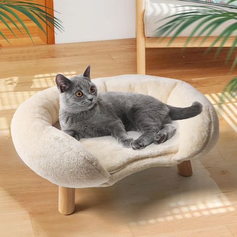 Canapé beige pour chat XPT044, coussin moelleux, lit douillet pour félin, griffoir intégré, espace détente confortable, adapté petit et moyen chat (1/5)