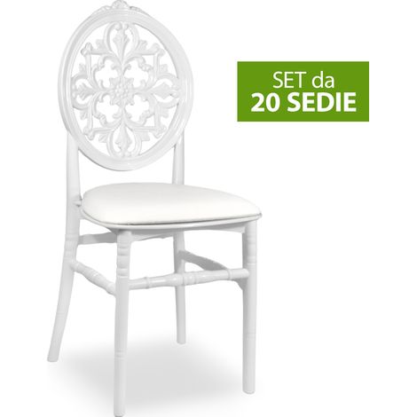 Set da 20 Sedie Venus in Plastica Bianche con cuscino similpelle bianco