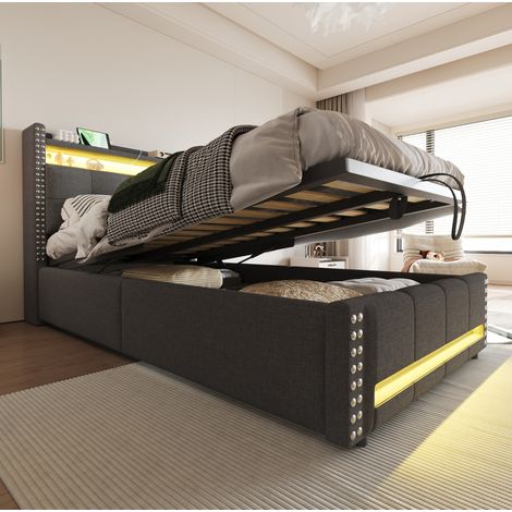 Bett mit Stauraum Polsterbett Leinenstoff Grau 90x200 cm mit LED, USB und hydraulischem Bettkasten (1/5)