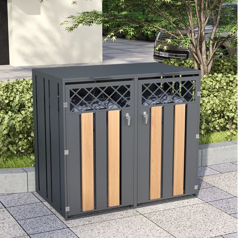 Cubierta para cubos de basura de acero galvanizado gris y acabado madera, para 2 cubos, con tapa abatible hidráulica y puertas con cerradura (1/5)