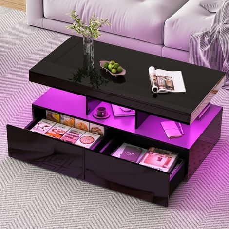 Table Basse Rectangulaire Noire avec LED,Table d'appoint à 2 niveaux avec rangement 5 compartiments ouverts et 2 tiroirs,Idéale pour salon, chambre ou bureau. (1/5)