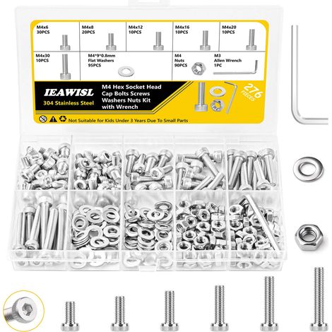 276 Pièces Coffret Boulons et Écrous M4 Complet, Vis à Tête Cylindrique à Empreinte Hexagonale avec Écrous et Rondelles, Assortiment en Acier Inoxydable 304 pour Réparation et Bricolage, Clé Allen Inc (1/5)