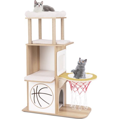 Arbre à chat naturel en bois 2 niches avec hamac, plateformes, griffoirs en jute et coussins lavables pour salon et chambre (1/5)