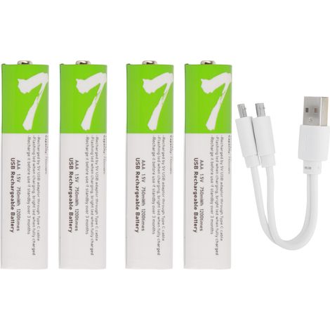 4 Piles AAA Rechargeables USB Lithium-ion 750 mAh Haute Capacité avec Câble de Charge (1/5)