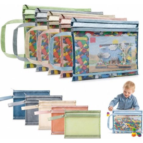 Sacs de rangement A4 à fermeture éclair, lot de 10, pochettes en maille à double compartiment avec poignée, pour jouets et documents (1/5)