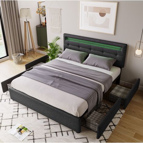 Cama doble tapizada 140x200 cm con LED, 4 cajones, cabecero regulable, gris DESVIAE (1/5)