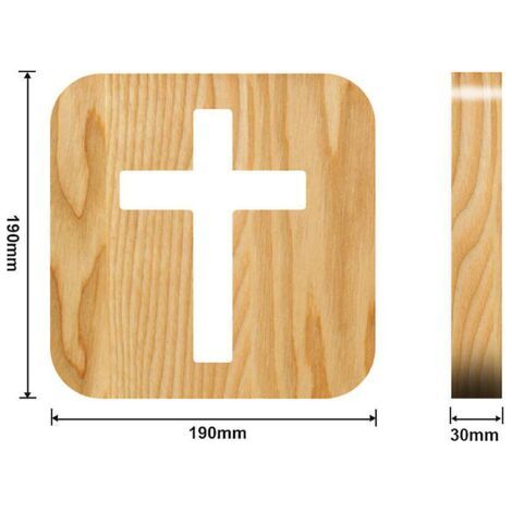 Lámpara de noche LED 3D con cruz de Jesús – Lámpara de mesita de noche de madera de pino maciza – Alimentación USB – Luz blanca cálida para dormitorio (1/4)