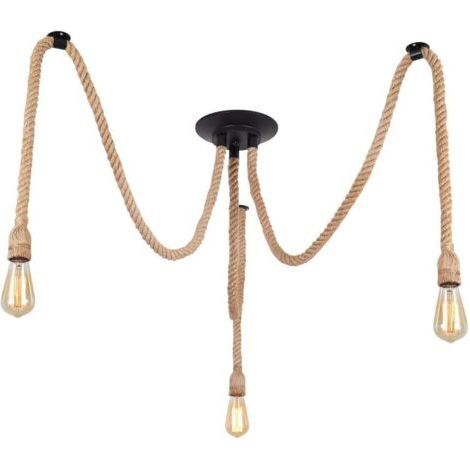 Suspension Luminaire Vintage,Suspension Industriel 3 douilles E27,Réglable Lustre avec corde de chanvre pour Salle à Manger,Salon,Chambre Café Bar(sans ampoules) (1/5)