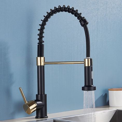Robinet de cuisine en or brossé (noir et or) avec douchette extractible à 2 jets, mitigeur eau chaude/froide à poignée unique et rotation à 360°. (1/5)