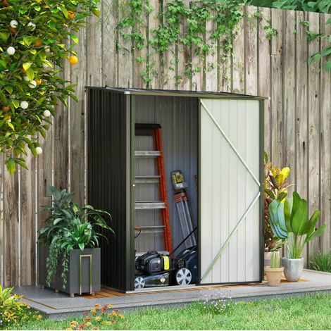 Armario de jardín 161,5x94,5x196 cm negro de acero galvanizado con techo inclinado y puerta con cierre (1/5)