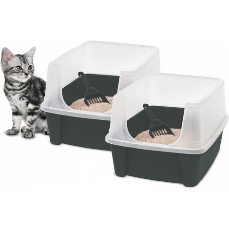Iris Ohyama Vassoio per Lettiera per Gatti con Paletta, Set di 2, Grigio, Facile da pulire, Box per gatti, Pareti Rimovibili, Per Gattini, Gatti Adulti, Conigli, Senza BPA, Tetto Aperto, CLH-12