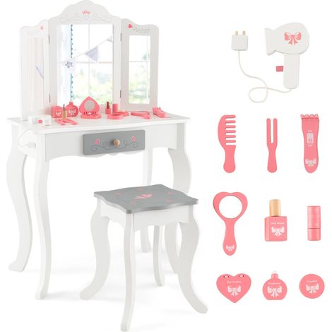 Tocador infantil con taburete y espejo extraíble 60 x 33 x 98,5 cm con 10 accesorios modernos en MDF blanco 200009854