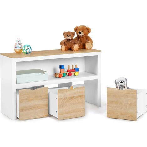 Idmarket – Bibliothèque enfant 3 tiroirs cubes sur roulettes – Dimensions 102 x 33 x 62 cm – Bois blanc et hêtre – Accès facile aux jouets (1/5)