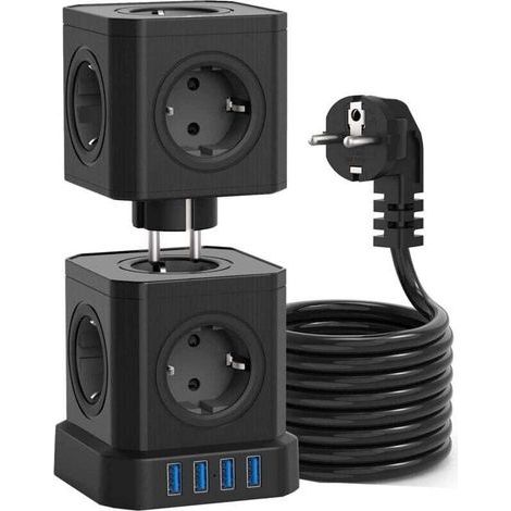 Prise cubique 12 en 1 avec ports USB, multiprise amovible avec interrupteur, multiprise en deux parties avec protection contre les surtensions, Powercube avec câble de 2 mètres – Idéale pour (1/4)